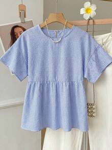 SHEIN EZwear 大码女式条纹宽松圆领短袖衬衫 - 藍白色 - 查看 8