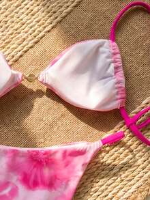 Bộ bikini mùa hè dành cho nữ, họa tiết hoa, kẻ caro xanh dương, phối màu tương phản ở ngực và eo, điểm nhấn là ngọc trai. - Nhiều màu - Xem 5