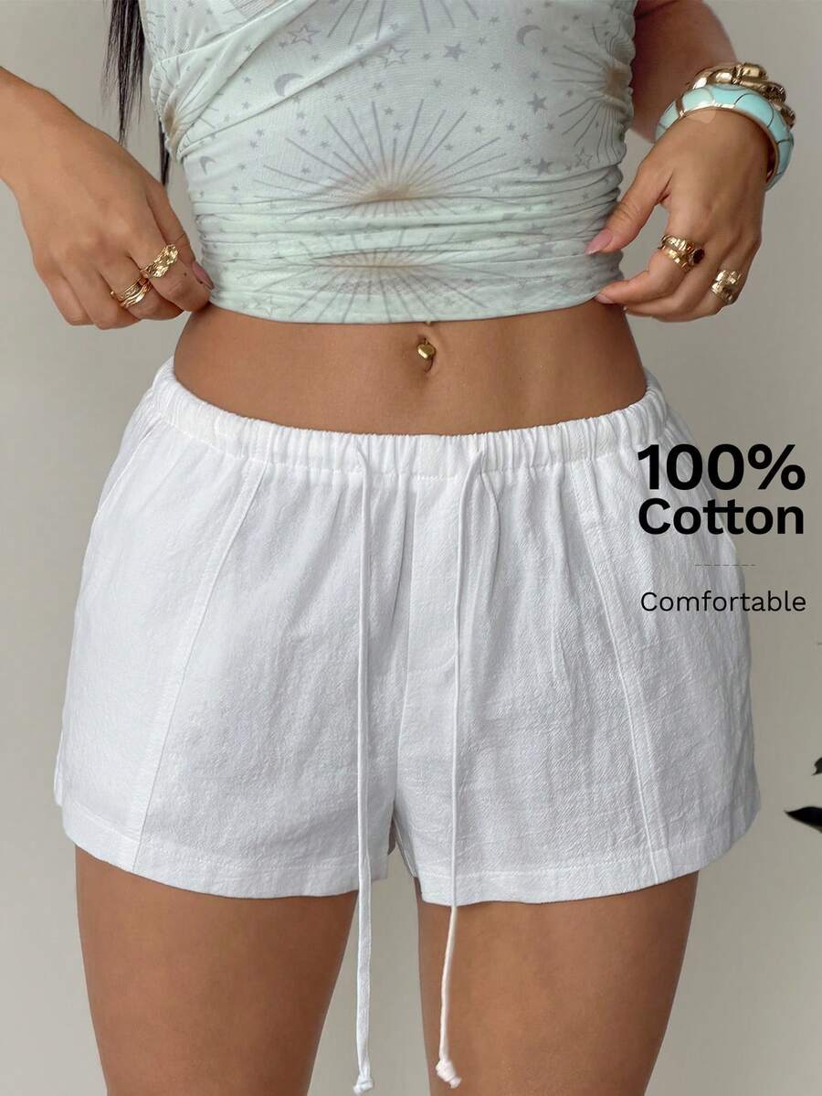 SHEIN PETITE Women Casual Modest Loose Drawstring Solid Color Shorts, Versatile For Everyday Wear White Linen Shorts Beach Summer - White - View 1