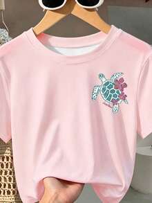 1件装 女童休闲樱桃汁字母印花夏季度假针织圆领短袖T恤，适合夏季度假穿着，2026春夏新款，夏季穿搭 - 彩色 - 查看 4