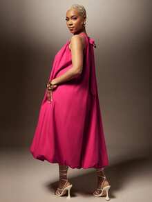 Vixey Solid Woven Bubble Hem Halter Neck Midi Dress - Hot Pink - View 2