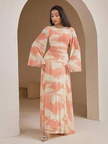 女士圆领扎染褶皱优雅收腰阿拉伯风派对连衣裙 - 橘色 - 查看 5