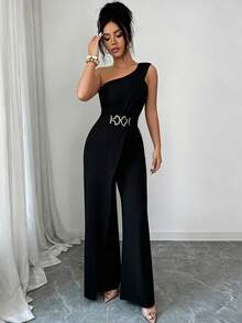 Elenzga Women's Metal Waist Design One-Shoulder Jumpsuit - Black - View 10
