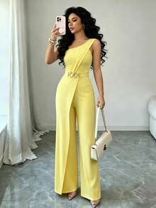 SHEIN Elenzya Bộ áo liền quần nữ màu trơn, kiểu dáng thường ngày, thoải mái. - Màu vàng - Xem 4