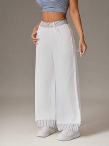 SHEIN PETITE 女士条纹口袋阔腿宽松休闲牛仔裤 - 彩色 - 查看 3