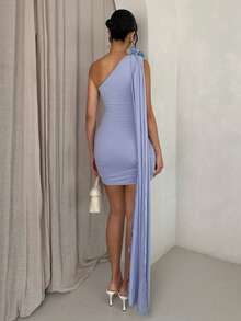 SHEIN Glamour 女士优雅性感夏季炭灰色度假、派对、约会、婚礼短款露背超长荷叶边紧身连衣裙 - 藍色 - 查看 2