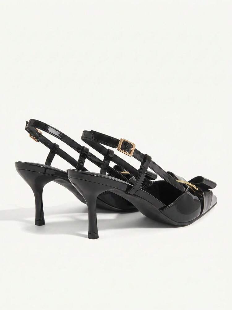 CUCCOO CHICEST Women Shoes Spring, Summer And Autumn Metal Buckle Decorative Bow With Pointed Tip And Thin Heel Black Pu Leather Sandals, French Elegance/Light Luxury Retro Style, Dating, Commuting, Afternoon Tea Parties, Also Suitable For Girlfriends Gatherings, Light And Mature Parties, Etc