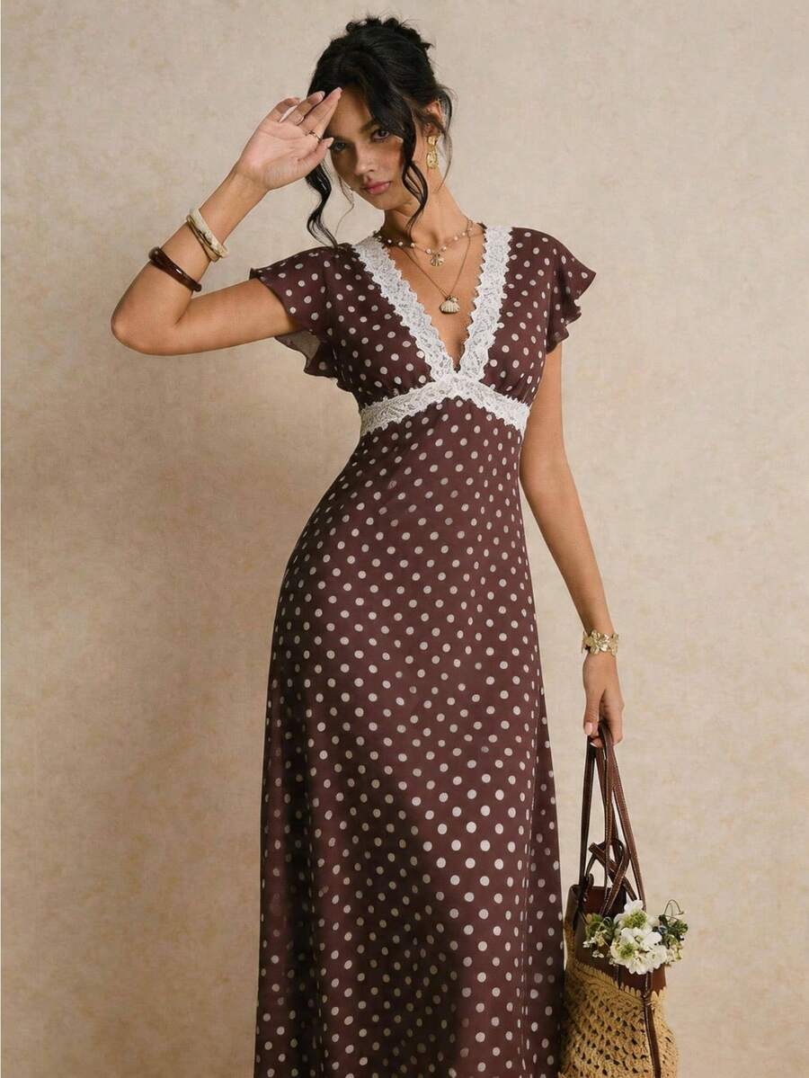 Poéselle 女士优雅波点印花撞色蕾丝长连衣裙，夏季 - 棕色 - 查看 1