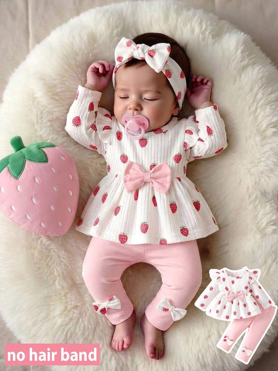 SHEIN Nuevo conjunto de 2 piezas de suéter de manga de pétalo con estampado de corazón rosa suave y acento de lazo negro, emparejado con pantalones pitillo con acento de lazo negro, adecuado para salidas, casual, deportes, Navidad, fiestas - Rosa - Ver 1