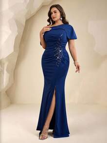 Coutiva Royal Blue Summer Elegant Event Wedding Plus Size Mother Of The Bride Sequin Floral Ruched Waist Formal Dress,High-End Bodycon Evening Gown For Women - Navy Blue - View 4