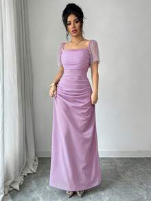 SHEIN Elenzya Square Neck Waist Cinched Elegant Romantic Refined Women's Dress, Short Sleeve - Mauve Purple - View 1