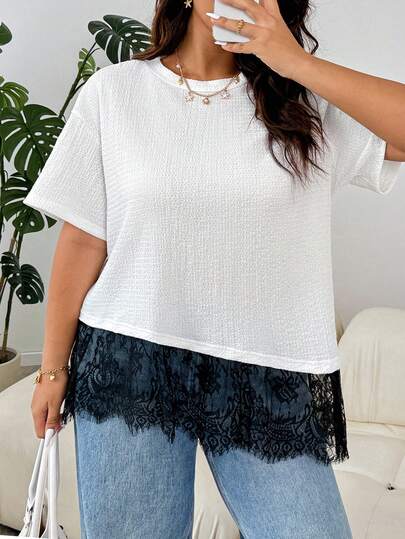 Solflare 大码女式蕾丝拼接圆领休闲百搭日常T恤