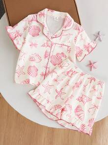 SHEIN Playful Pals 女童睡衣套装，舒适时尚的海洋元素印花，荷叶边下摆，优雅短袖上衣和短裤两件套家居服 - 杏色 - 查看 8