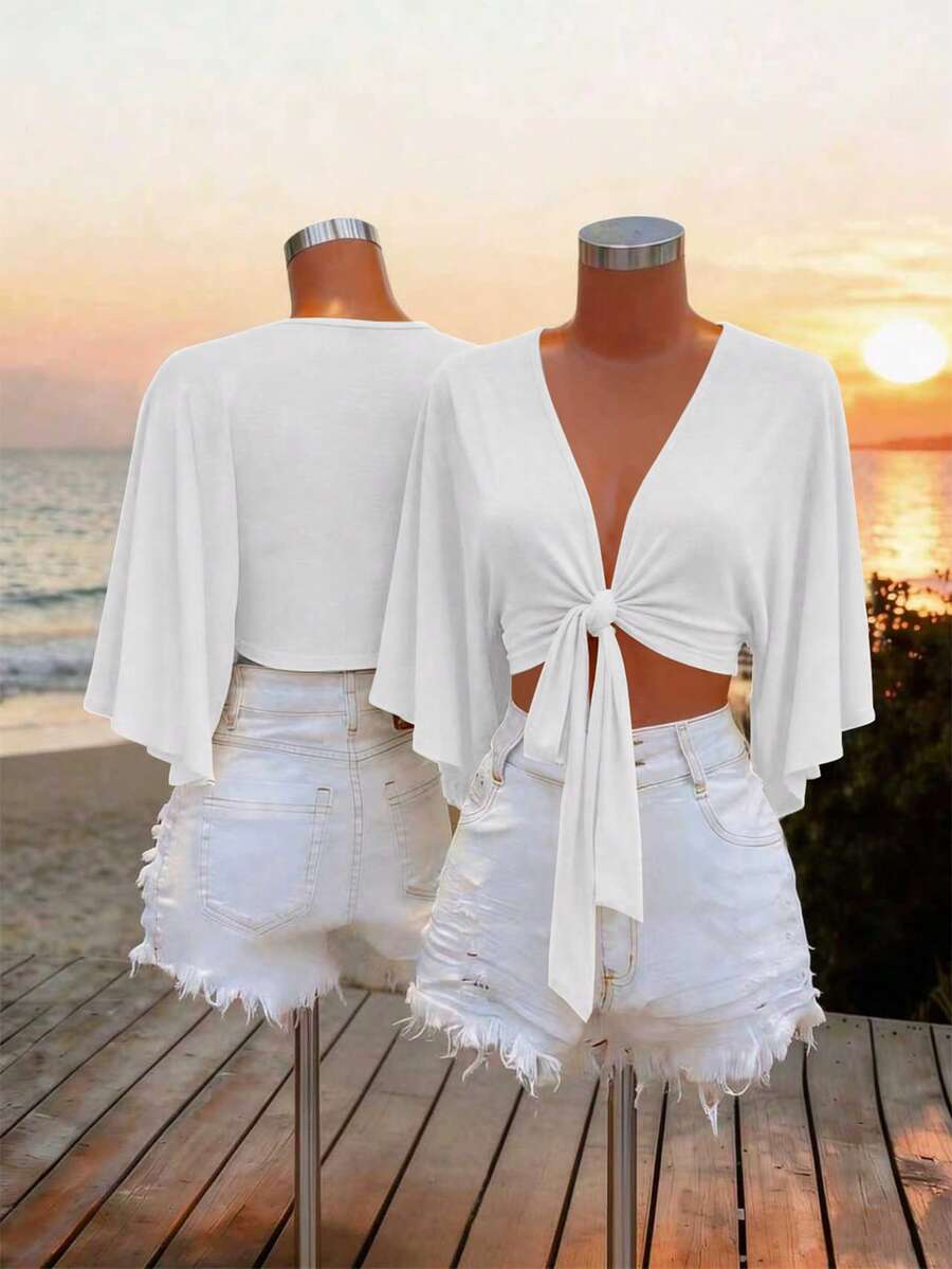 SHEIN Lunessa Áo khoác cardigan thắt nút phía trước dành cho nữ - trắng - Xem 1