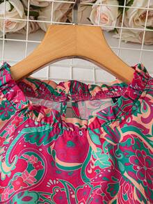EMERY ROSE Blusa holgada con cuello de volantes, mangas cortas y estampado floral pequeño, elegante y dulce, adecuada para vacaciones y uso diario, tallas grandes para mujeres - Rojo - Ver 4