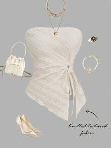 Women's European And American Strapless Sleeveless Textured Fabric Party Gathering Ruched Asymmetric Elegant Knit Stretchy Top - Apricot - View 3