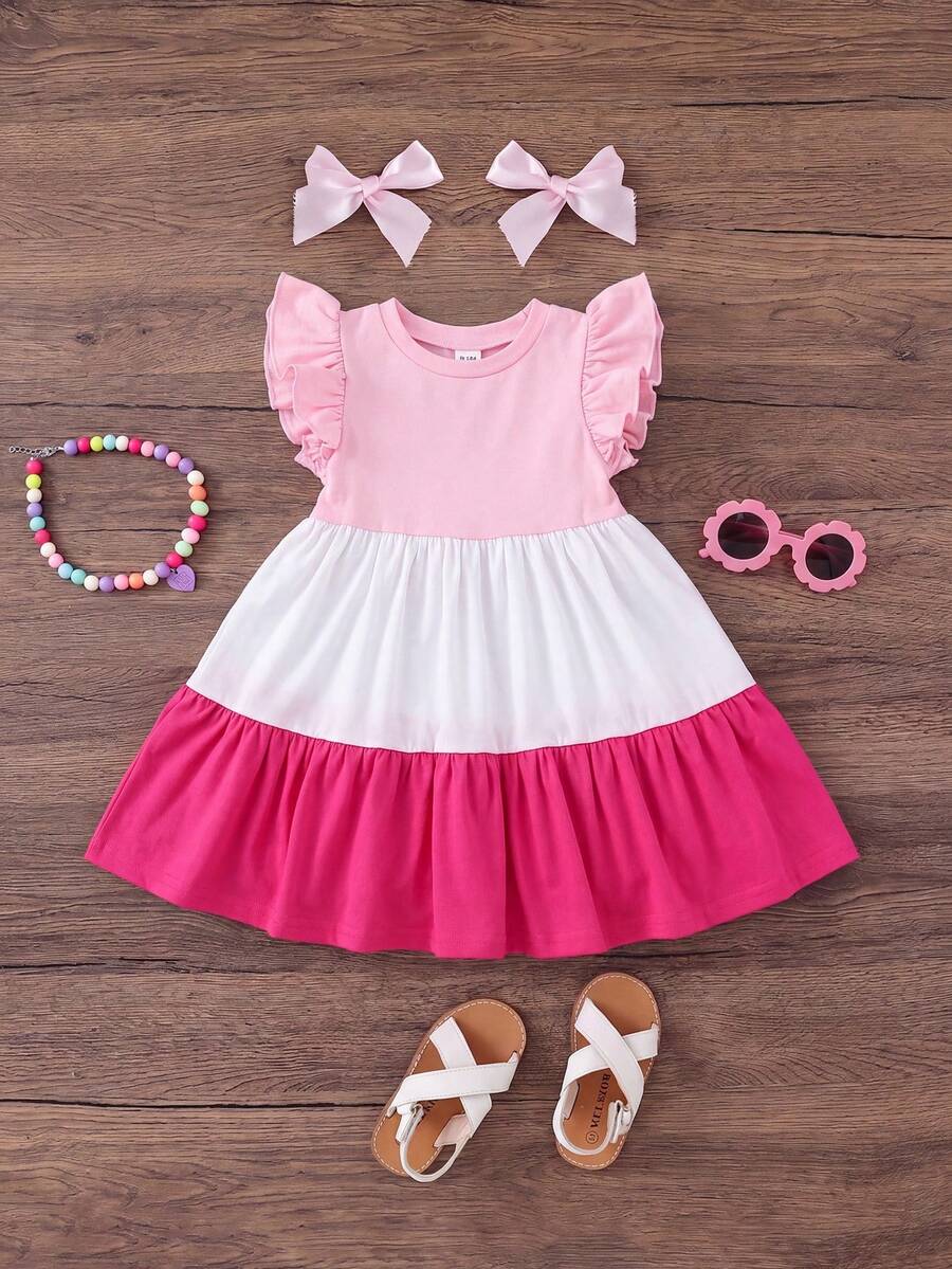 Emery Rose Kids Đầm dệt kim ôm sát, cổ tròn, viền bèo nhún, phối màu tương phản cho bé gái. - Màu Hồng baby - Xem 1