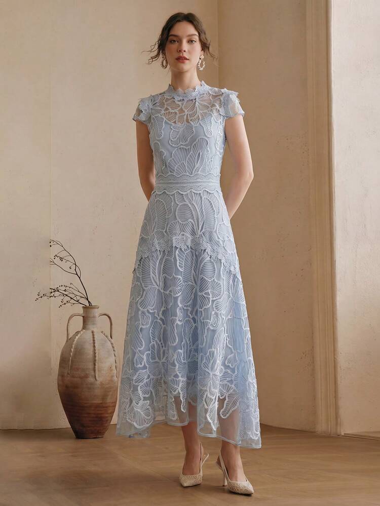 Women's Elegant Lace Embroidery Patchwork Dress, Suitable For Dates And Formal Occasions