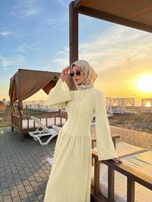 Solavon Women's Solid Color Pleated Casual Party & Travel Dress - Apricot - View 2