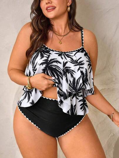 Swim Lushoire Bộ đồ 2 món cỡ lớn dành cho nữ, gồm áo hai dây in hình cây dừa và quần cạp cao viền bèo nhún, thích hợp cho kỳ nghỉ hè ở bãi biển.
