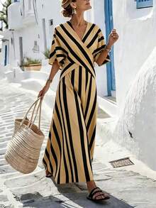 SHEIN Holidaya 女士黄色条纹宽松度假春夏V领修身连衣裙，适合度假、休闲、居家和日常活动 - 駝色 - 查看 6