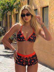 SHEIN Swim Mod Women's New Summer Beach Vacation Style Cute Cherry Print Bikini,Halter-Neck Backless Triangle Cup Top And Beach Shorts, Zestiva Swimsuit, Cherry Print Shorts, Cherry Swimsuit - Multicolor - View 4