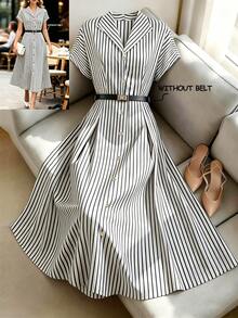 GlowEve Women's Casual Commuter Striped Front Button Mid-Length Dress, Summer - Multicolor - View 1