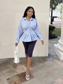 Alexandranx Women's Casual Striped Peplum Blouse With Bat Sleeves, Suitable For Work And Commute, Spring/Autumn Winter AllDayElegance Blue - Blue - View 4