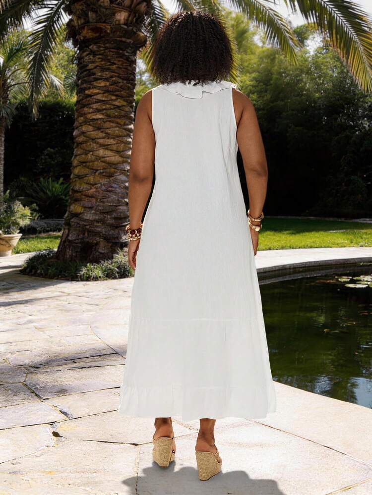 Plus Size Women Solid Color Ruffle Hem Sleeveless Elegant Dress Summer Summer Outfits Spring Clothing Spring Outfit Festival Outfits For Women Beach Outfit For Women Vacation Outfits Women Holiday Outfits For Women Summer Holiday Outfits Country Concert Outfit Women's Country Clothing