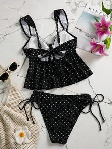 Swim Mod Women's Fashion Polka Dot Floral Trim Decorated Camisole & Bikini Set, Suitable For Summer Beach Vacation - Black and White - View 8