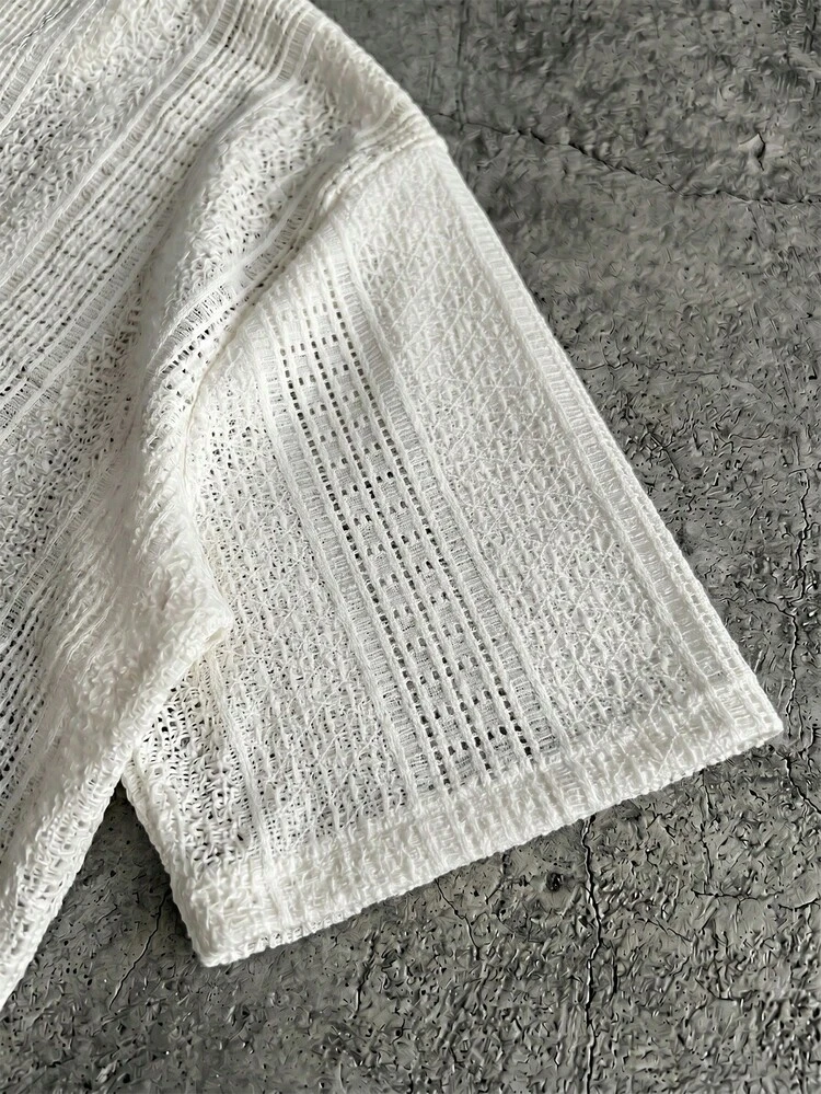 SUMWON Men's White Short Sleeve Button Down Shirt With Collared Neckline And Textured Fabric Details For Summer Beach Vacation Resort Casual Wear, Mens Summer Shirt, Resort Wear Men