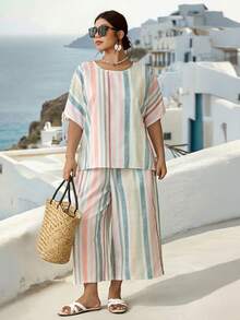 Parysyn Plus Size Woven Printed Casual Resort Summer Women's Two Pieces Set - Multicolor - View 5
