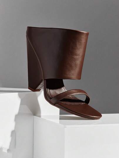 SHUZIA 精美女士巧克力色翻边高跟凉鞋，圆头设计，春夏时尚假日鞋履