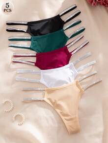 Set de 5 tangas de mujer de lujo con cinta plateada, cómodos y sexys, multicolor - Multicolor - Ver 2