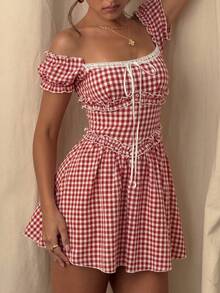 Glamine Charm Gingham Off Shoulder Mini Dress Cottagecore Picnic Dress Coquette Ribbon A-Line Dress Summer Vintage Casual Dress Classic Gingham Check Print Off Shoulder Bardot Neckline Flare A-Line Skater Hem Outdoor Garden Picnic Casual Daily Outing Romantic Date Appointment Beach Holiday Trip Spring Festival Event Summer Sweet Feminine - Red and White - View 8
