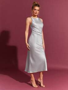 L'Amorae Đầm satin xếp ly tối giản, màu trơn, thời trang mùa hè dành cho nữ, không tay, kiểu dáng thanh lịch. - Xám - Xem 6