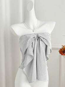 Sweetra Áo kiểu croptop không tay, trễ vai, dáng ôm, thắt nơ, kẻ sọc, thanh lịch và đa năng cho mùa xuân/hè. - màu đen - Xem 6