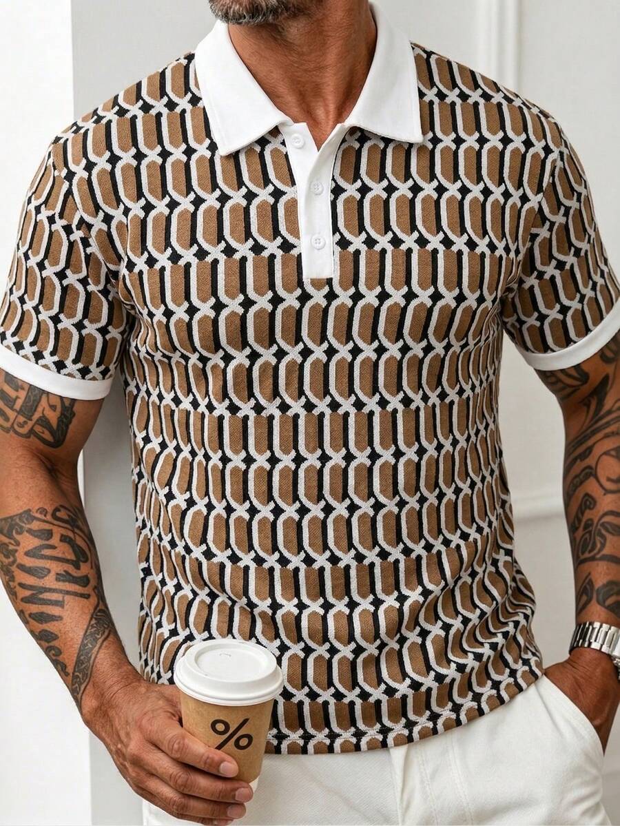 Manfinity Homme 男士格纹提花 Polo 衫，时尚男士衬衫，适合外出、派对、聚会、街头风等各种场合，包括高端休闲、日常休闲、周末旅行、户外活动、探险旅行、轻松的工作环境或半正式场合。也是送给男友/丈夫、周年纪念/生日、派对、圣诞节和新年等场合的理想礼物。 - 彩色 - 查看 1