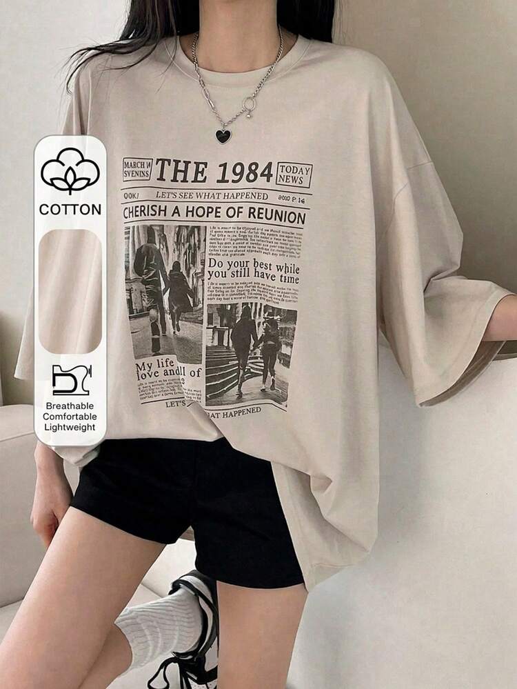 Teen Girls Casual Loose Fashionable Versatile Short Sleeve Printed T-Shirt, Popular Style Summer