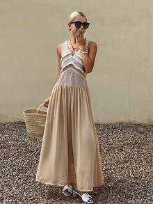 DAZY Đầm nghỉ mát thanh lịch không tay cổ chữ V sâu, viền ren tua rua tương phản dành cho nữ - Màu Khaki - Xem 4