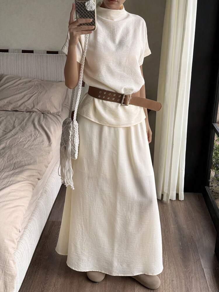Women's High Neck T-Shirt And Mini Skirt 2 Pieces Set, Suitable For Spring And Summer Lounge Sets For Women
