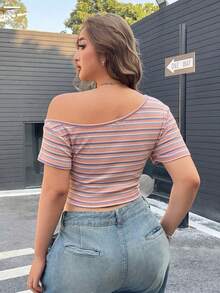 SHEIN EZwear Striped Colorful Asymmetrical Shoulder Short Sleeve Plus Size T-Shirt - Baby Pink - View 2