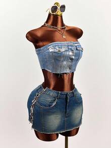 SHEIN Women's Sexy Fashion Street Snap Single-Breasted Cropped Bustier Denim Top, Summer - Blue - View 4