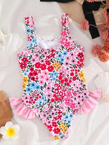 SHEIN Young Girl Knitted Floral Pattern Cute Bow One-Piece Swimsuit - Multicolor - View 2