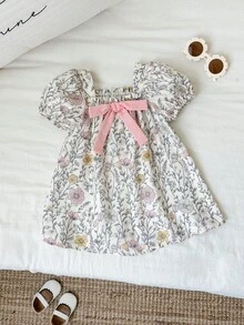 SHEIN 女婴可爱夏季度假碎花蝴蝶结连衣裙，婴幼儿碎花连衣裙，娃娃衫 - 彩色 - 查看 4
