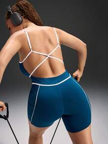 Powerista Mono deportivo de talla grande para mujer con contraste de ribete y espalda cruzada sin espalda para el verano - Azul - Ver 8