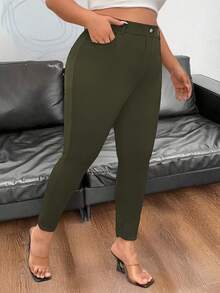 SHEIN PETITE Quần skinny dáng ôm, cạp chun, màu trơn, phong cách tối giản thường ngày. - xanh quân đội - Xem 3