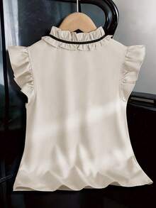 Elladie kids 少女春夏休闲优雅通勤甜美圆领无袖荷叶边复古风衬衫，纯色衬衫 - 杏色 - 查看 2