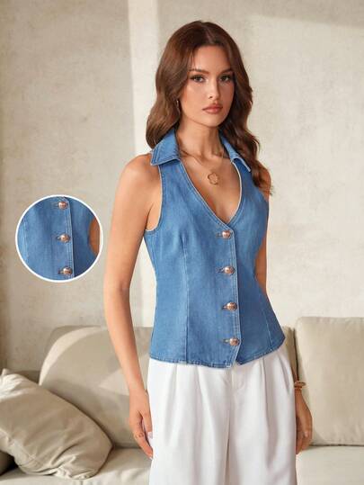 Selenza Áo khoác gile denim đơn hàng, đa năng, thời trang dành cho nữ