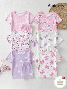 3件套女童奶牛印花短袖上衣和短裤修身睡衣套装 - 彩色 - 查看 3
